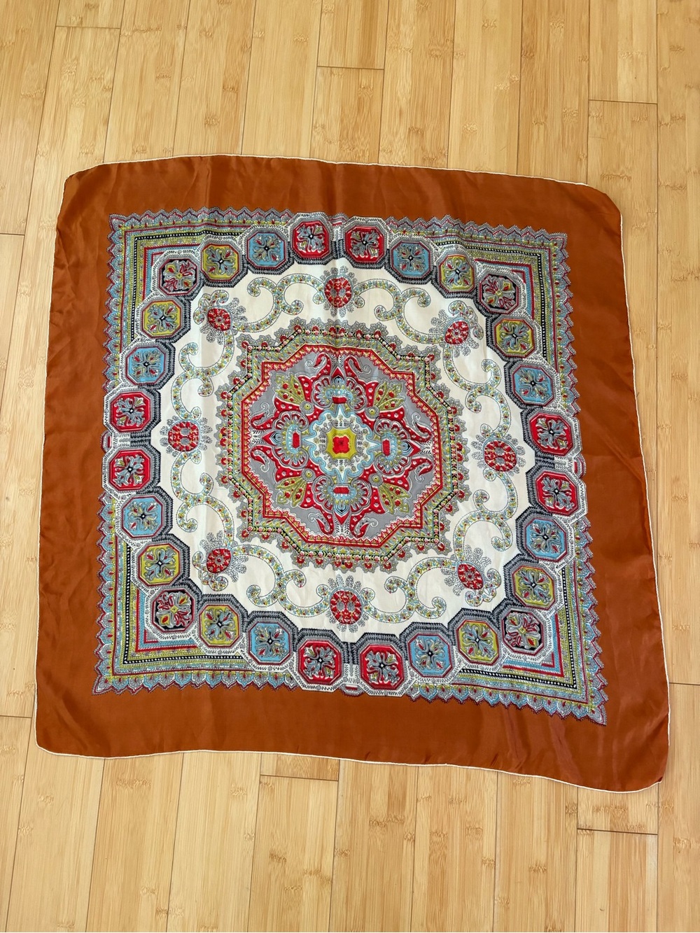 Silk Vintage Square Scarf with Rust Border and Intricate Medallion